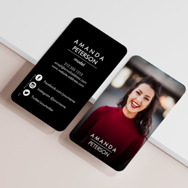 Actor Models Dancer Photo Social Media Icons  Dark Business Card (tunning Vertical Photo Business Card: Full Frame Portrait with Contact & Social Info)