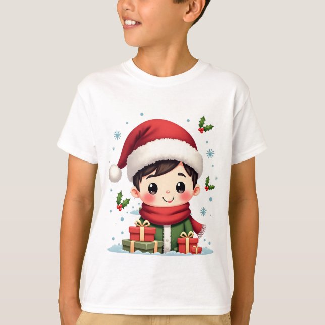 Acute Boy of Christmas with Gifts and Santa  T-Shirt (Front)