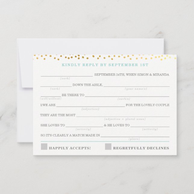 AD LIB RSVP REPLY fun rustic gold confetti mint (Front)