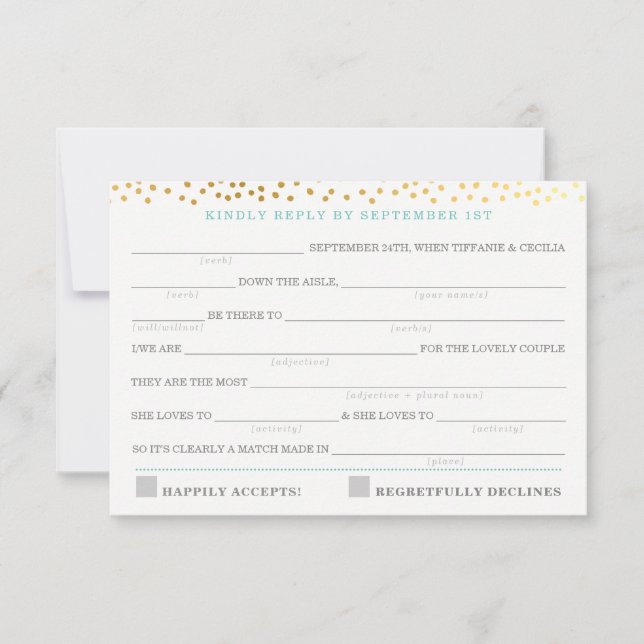 AD LIB RSVP REPLY fun rustic gold confetti mint Card (Front)
