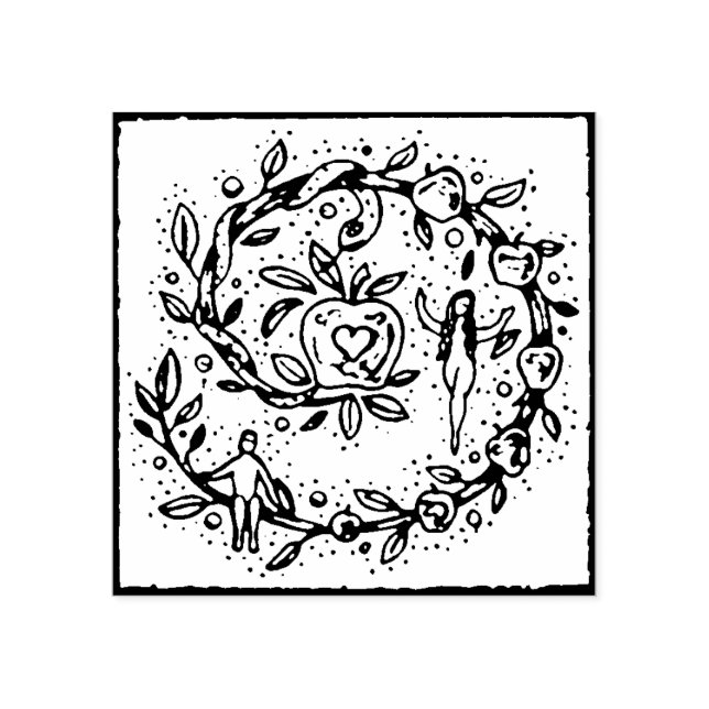 ADAM & EVE, GARDEN OF EDEN, FOLK ART RUBBER STAMP (Imprint)