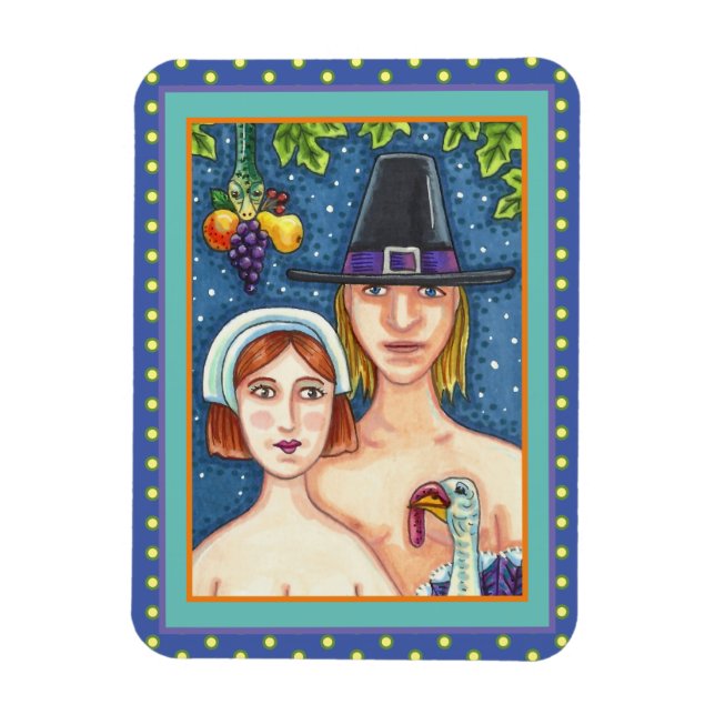 ADAM & EVE PILGRIMS, BIBLICAL WHIMSY THANKSGIVING MAGNET (Vertical)