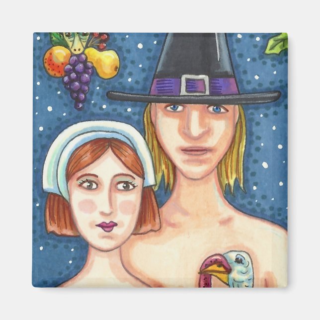 ADAM & EVE PILGRIMS, BIBLICAL WHIMSY THANKSGIVING MAGNET (Front)