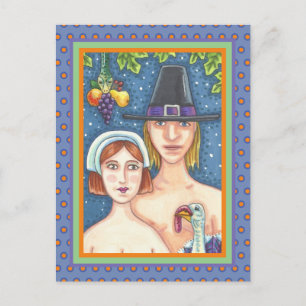 ADAM & EVE PILGRIMS, BIBLICAL WHIMSY THANKSGIVING POSTCARD