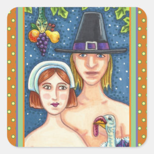 ADAM & EVE PILGRIMS, BIBLICAL WHIMSY THANKSGIVING SQUARE STICKER