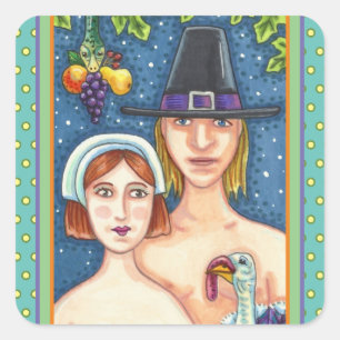 ADAM & EVE PILGRIMS, BIBLICAL WHIMSY THANKSGIVING SQUARE STICKER