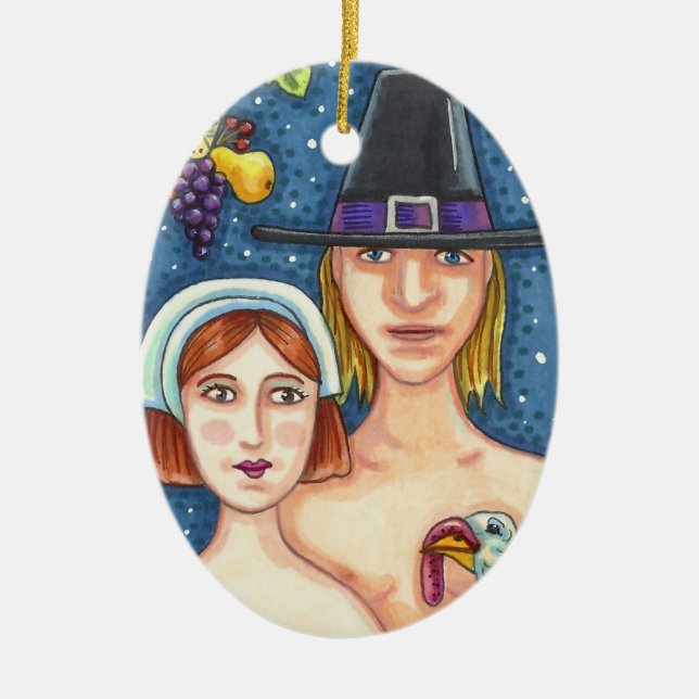 ADAM & EVE PILGRIMS THANKSGIVING KEEPSAKE CERAMIC TREE DECORATION (Front)
