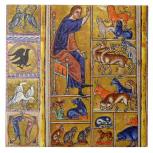 ADAM NAMING ANIMALS,MEDIEVAL BESTIARY,DEERS,LIONS  TILE