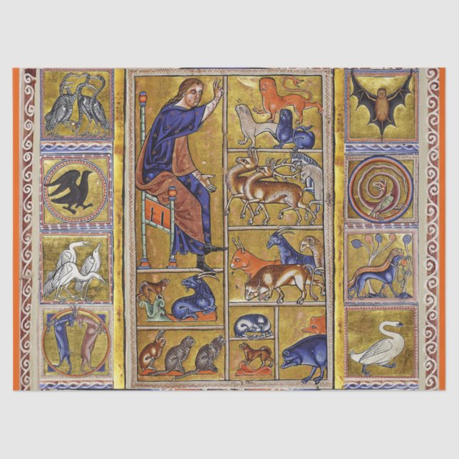 ADAM NAMING ANIMALS,MEDIEVAL BESTIARY,DEERS,LIONS  TISSUE PAPER (Front)