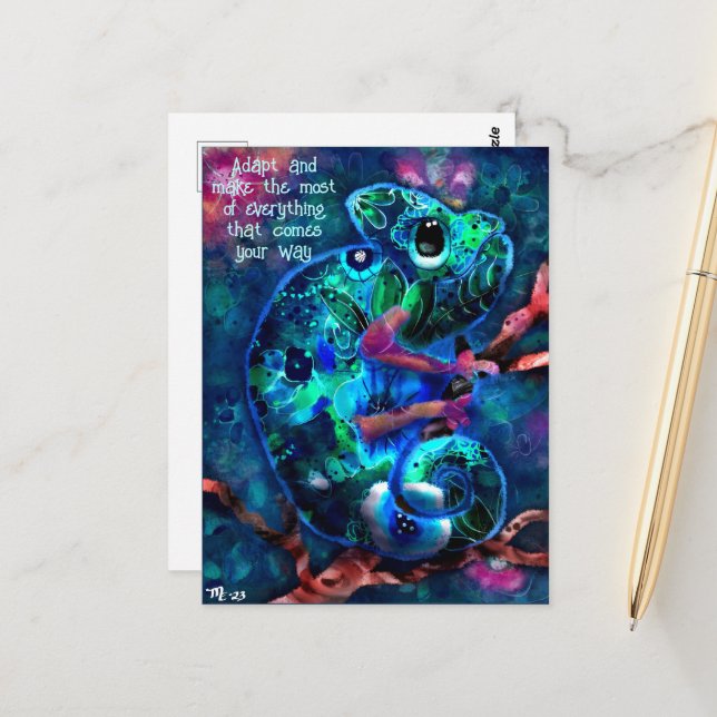  'Adapt' Whimsical Chameleon Inspirational Teal Postcard (Front/Back In Situ)