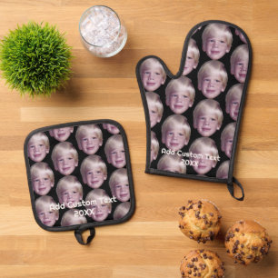 Add 1 Floating Head Photo All Over Pattern Oven Mitt & Pot Holder Set
