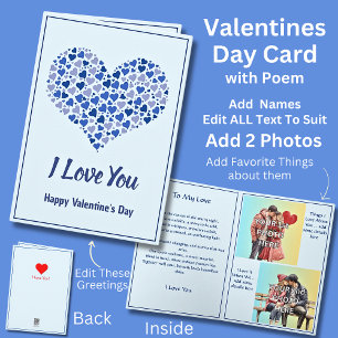 Add 2 Photo's, Blue Valentine Heart with Love Poem Card