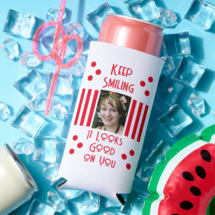 Add 2 photos keep smiling stripes white red seltzer can cooler
