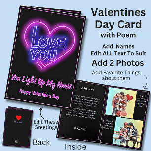 Add 2 Photo's Neon Light Valentine Heart Love Poem Card