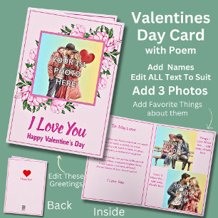 Add 3 Photo's, Pink Valentine Day with Love Poem Card