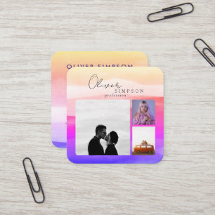 Add 3 Photos Script Watercolor Holography QR Square Business Card