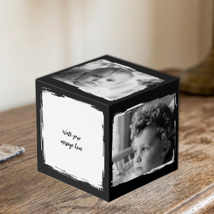 Add 4 images customise words black white photo cube