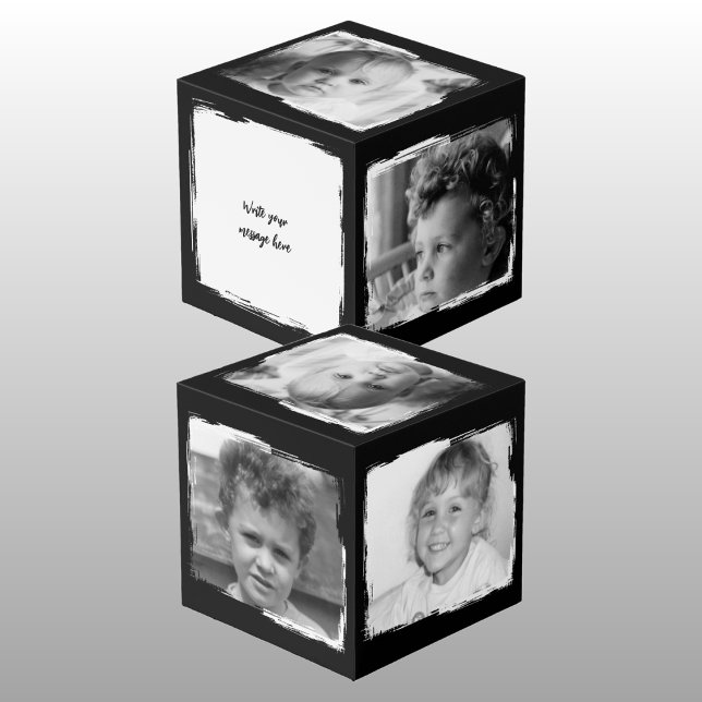 Add 4 images customise words black white photo cube (Creator Uploaded)
