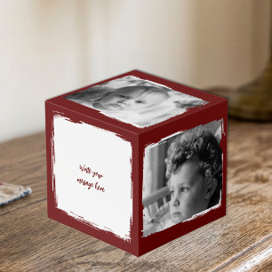 Add 4 images customise words burgundy white photo cube