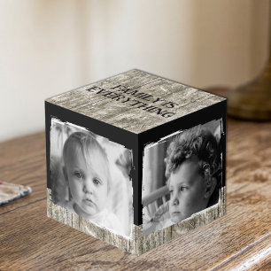 Add 4 images family rustic grey black photo cube