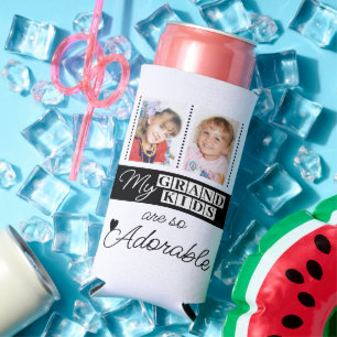 Add 4 photos adorable grandkids black seltzer can cooler