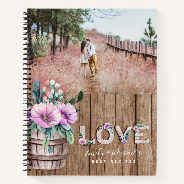 Add 4 PHOTOS Rustic Flower NEWLYWEDS WEDDING Notebook (Front)