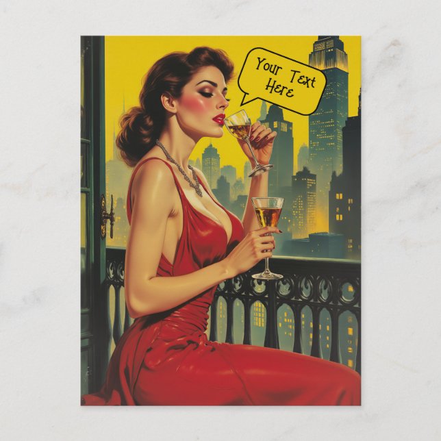 Add a Caption Vintage Retro Lady, Cityscape Postcard (Front)