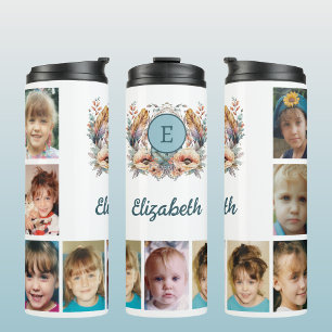 Add a name initials 9 photo floral blue thermal tumbler