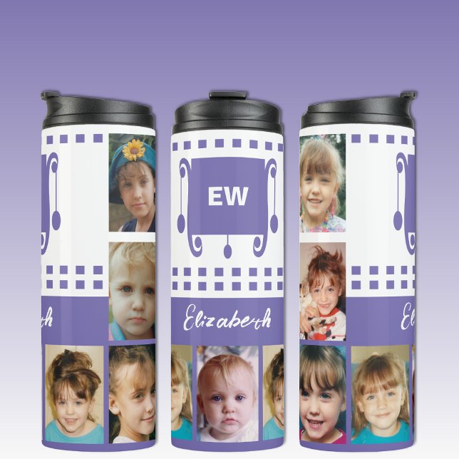 Add a name initials photo collage white purple thermal tumbler (Creator Uploaded)
