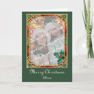 Add-A-Photo Stained Glass Frame with Holly Leaves  Holiday Card