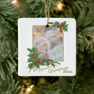 Add-A-Photo Vintage Happy Christmas Holiday Card Ceramic Ornament