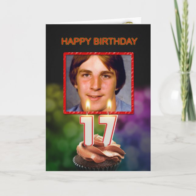 Add a picture, 17th Birthday with cake and candles Card (Front)