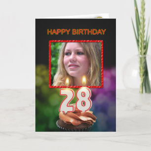 Add a picture, 28th Birthday with cake and candles Card
