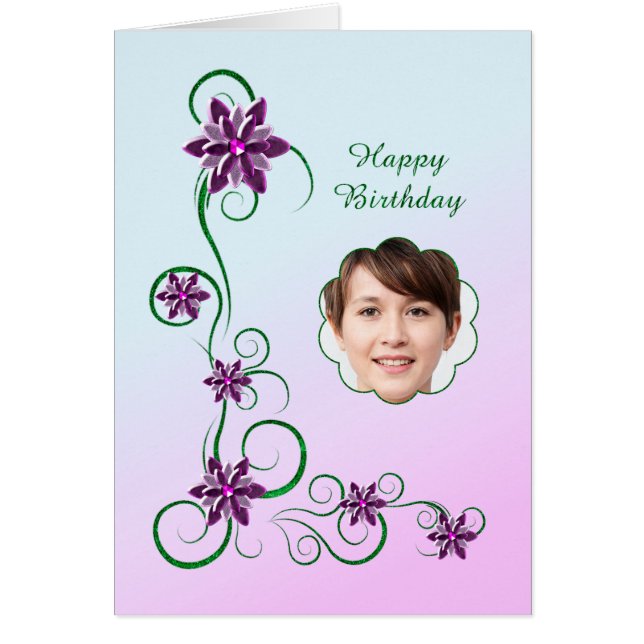 Add A Picture Birthday with Scrolls and Flowers  (Front)