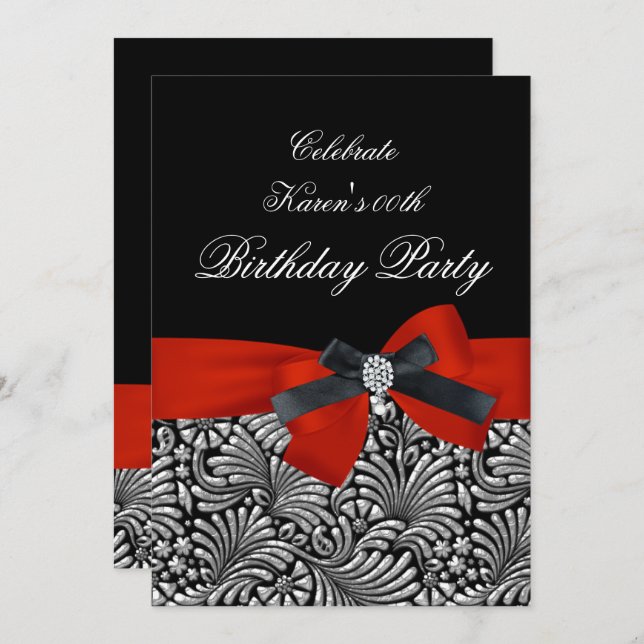 Add Age Birthday Party Red Damask Black Invitation (Front/Back)