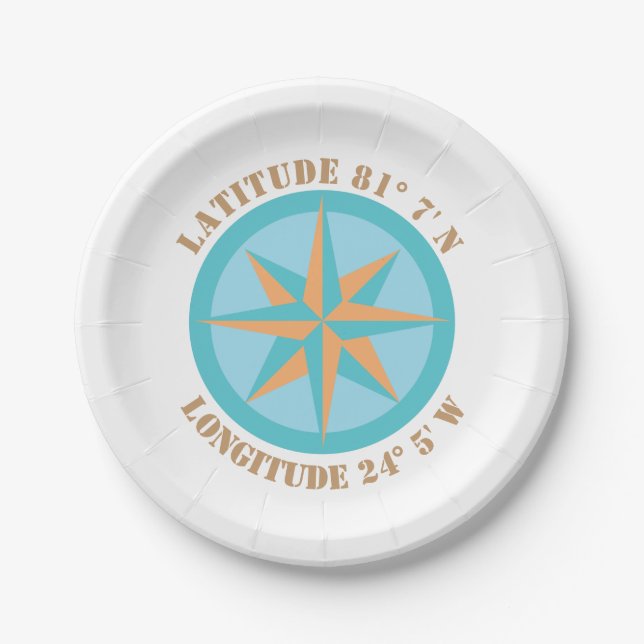 Add any Latitude Longitude Compass Rose Nautical Paper Plate (Front)