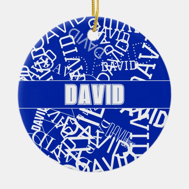Add any name, name collage In blue & white Ceramic Tree Decoration (Front)