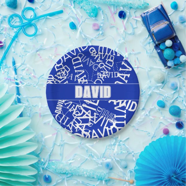 Add any name, name collage In blue & white Paper Plate (Party)
