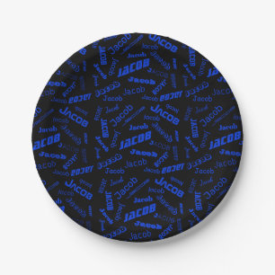 Add Any Name or Word Blue & Black Paper Plate