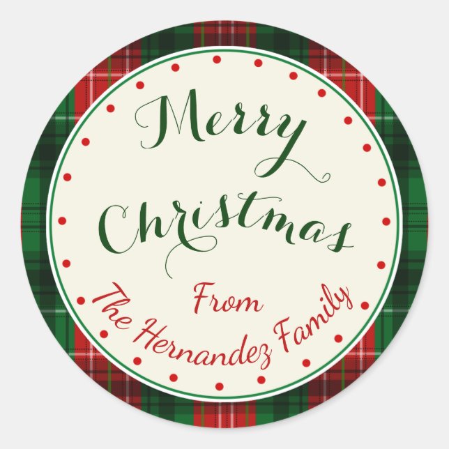 Add Any Text Fun Holiday Christmas Plaid Classic Round Sticker (Front)