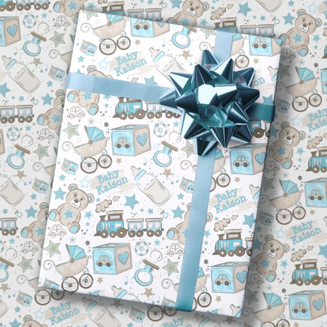 Add Baby Boy Name Nursery Blue Newborn Glitter Wrapping Paper (Creator Uploaded)