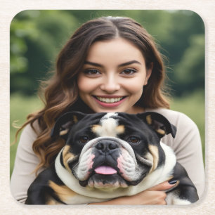 Add Bulldog Photo Personalise Customise Square Paper Coaster