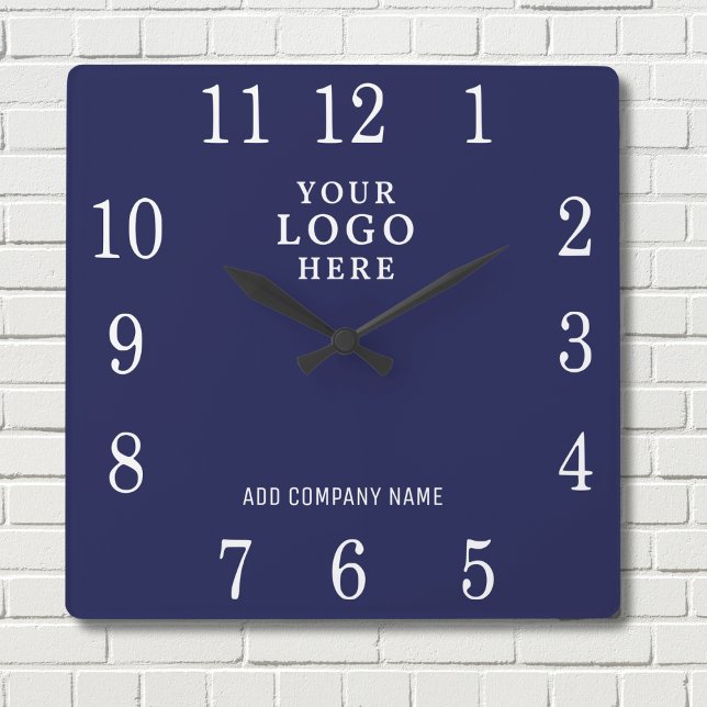 Add Business Logo Company Name Promotional Navy  Square Wall Clock (Creator Uploaded)