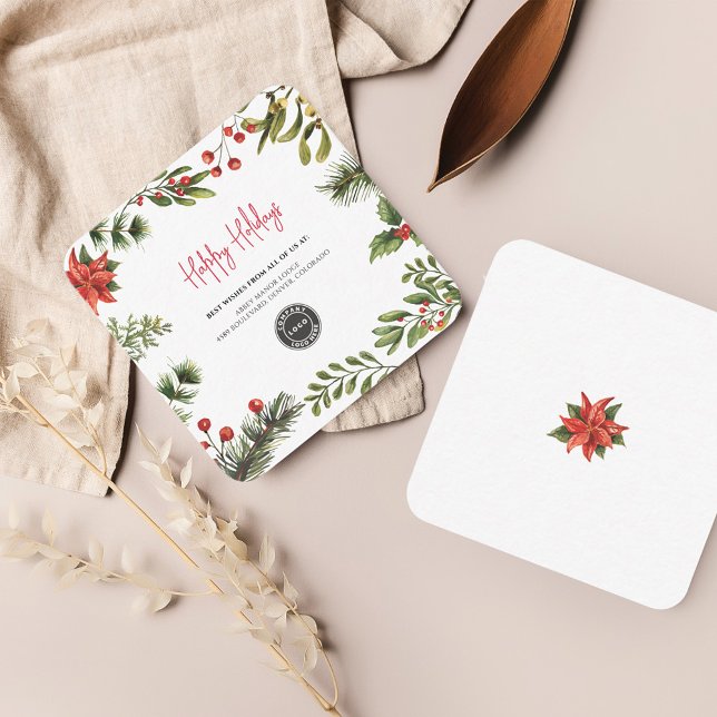 Add Business Logo Employees Christmas Holidays Card (Happy Holidays Poinsettia Business Logo Christmas Mini Card)