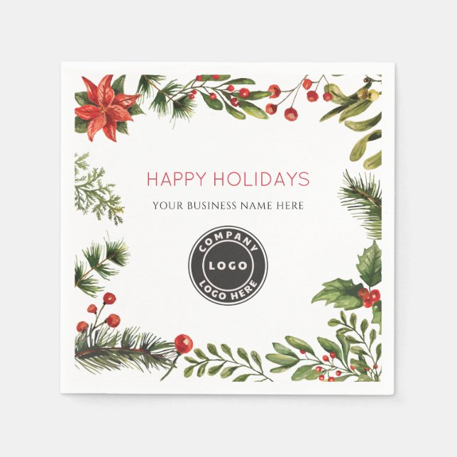 Add Business Logo Happy Holidays Berries Paper Napkin (Front)