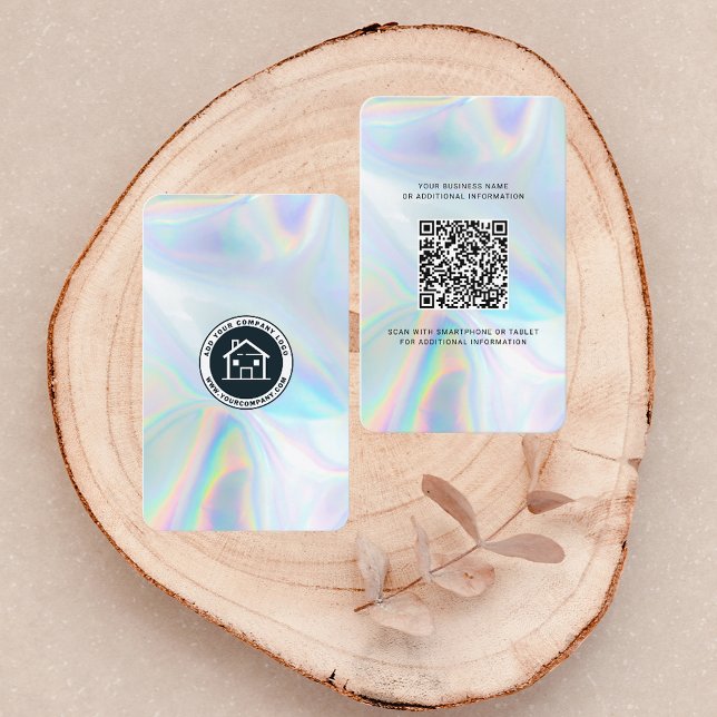 Add Business Logo QR Code Real Estate Agent Business Card (Modern Irredescent Holographic QR Code and Logo Business Card)