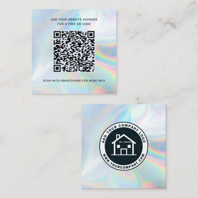 Add Business Logo Realtor QR Code Holographic Square Business Card (Front/Back)