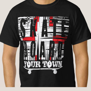 Add City Town Skateboard Distressed White on Black T-Shirt