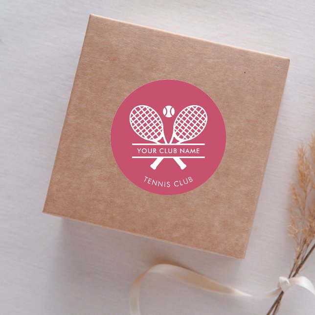 Add Club Name Tennis Sports Any Colour Bold Classic Round Sticker (Lawn Tennis Country Club Rackets Motif Pink Classic Round Sticker)