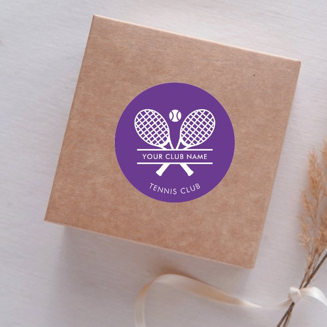 Add Club Name Tennis Team Purple Any Colour Classic Round Sticker (Lawn Tennis Country Club Rackets Motif Purple Classic Round Sticker)